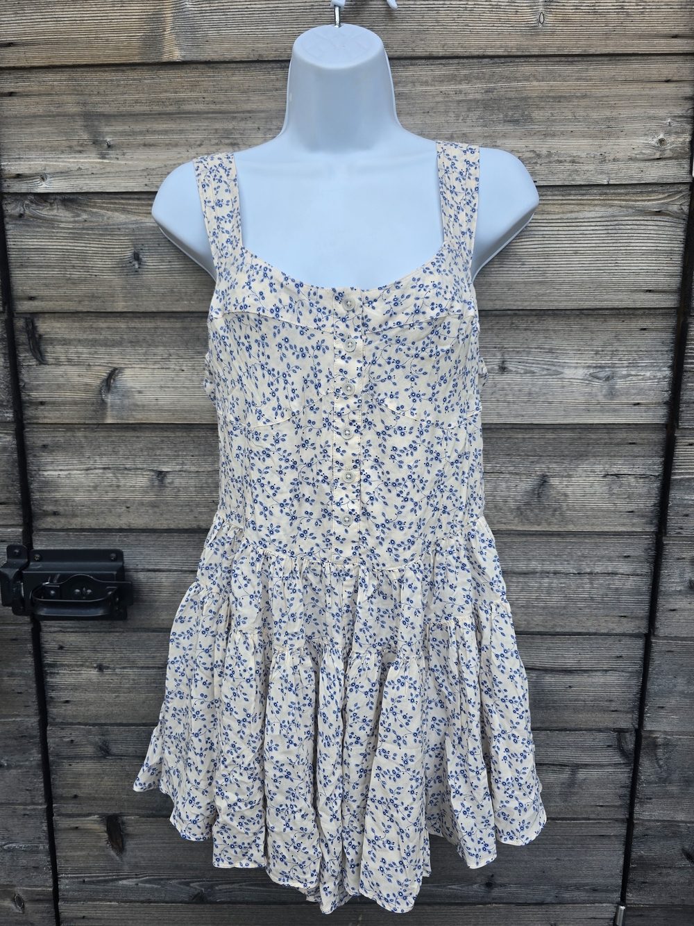 aerie Cream and Blue Floral Button-Front Sundress Romper